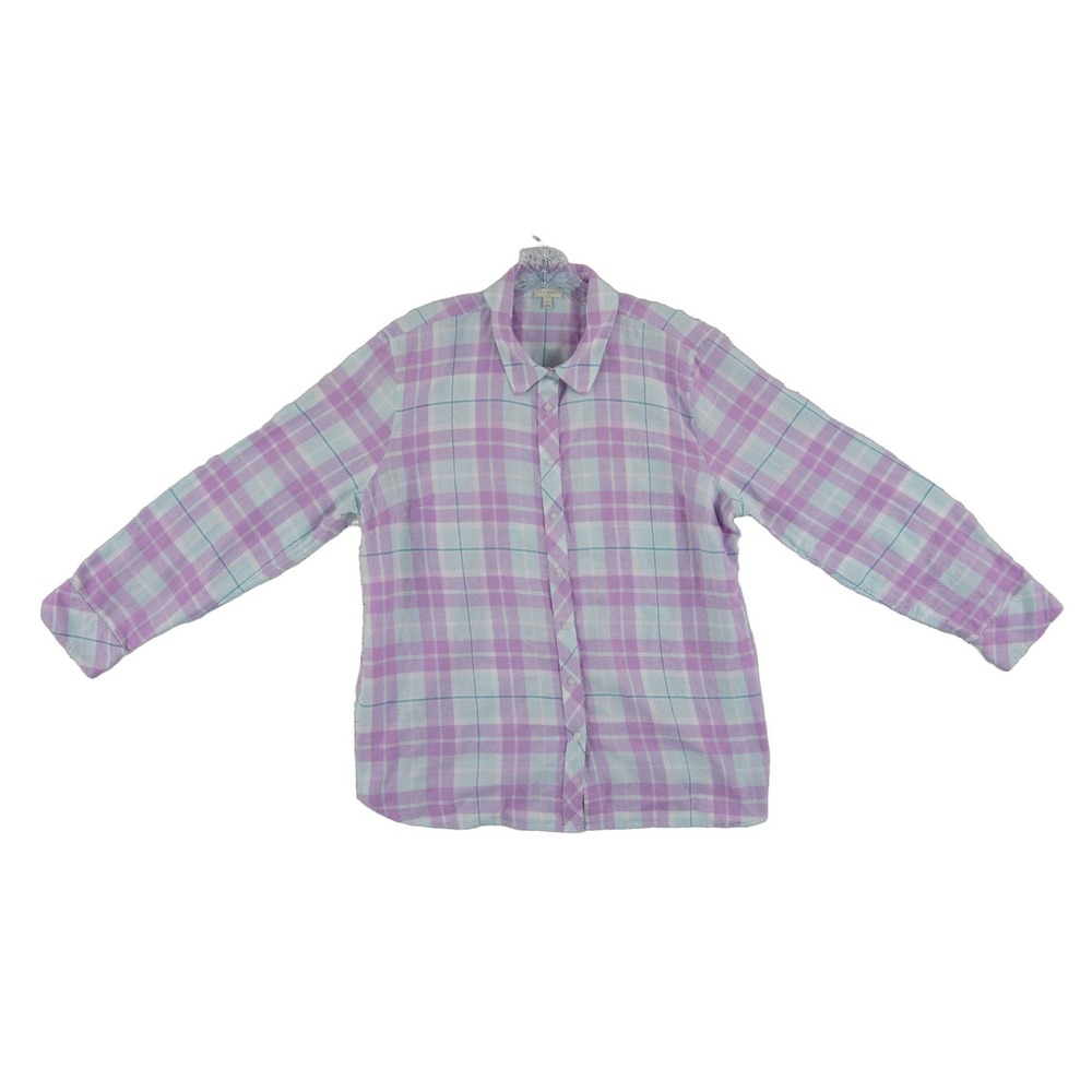 Talbots Button Blouse Shirt Women's Size XL Purple Plaid Cotton Long Sleeve